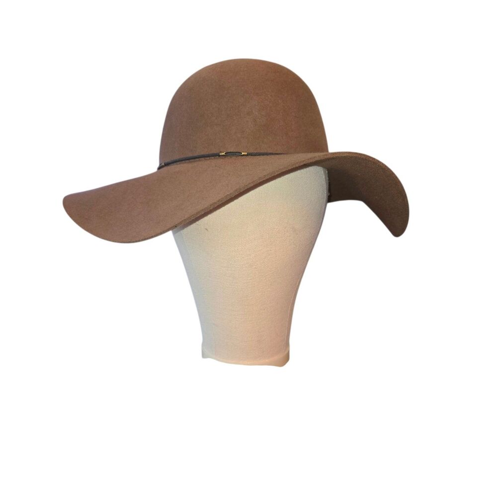 Scala Collezione Brown 100% Wool Floppy 4" Wide Brim Hat OS Leather & Brass Band